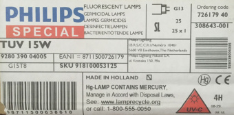 Лампа бактерицидная ультрафиолетовая Philips TUV-15W